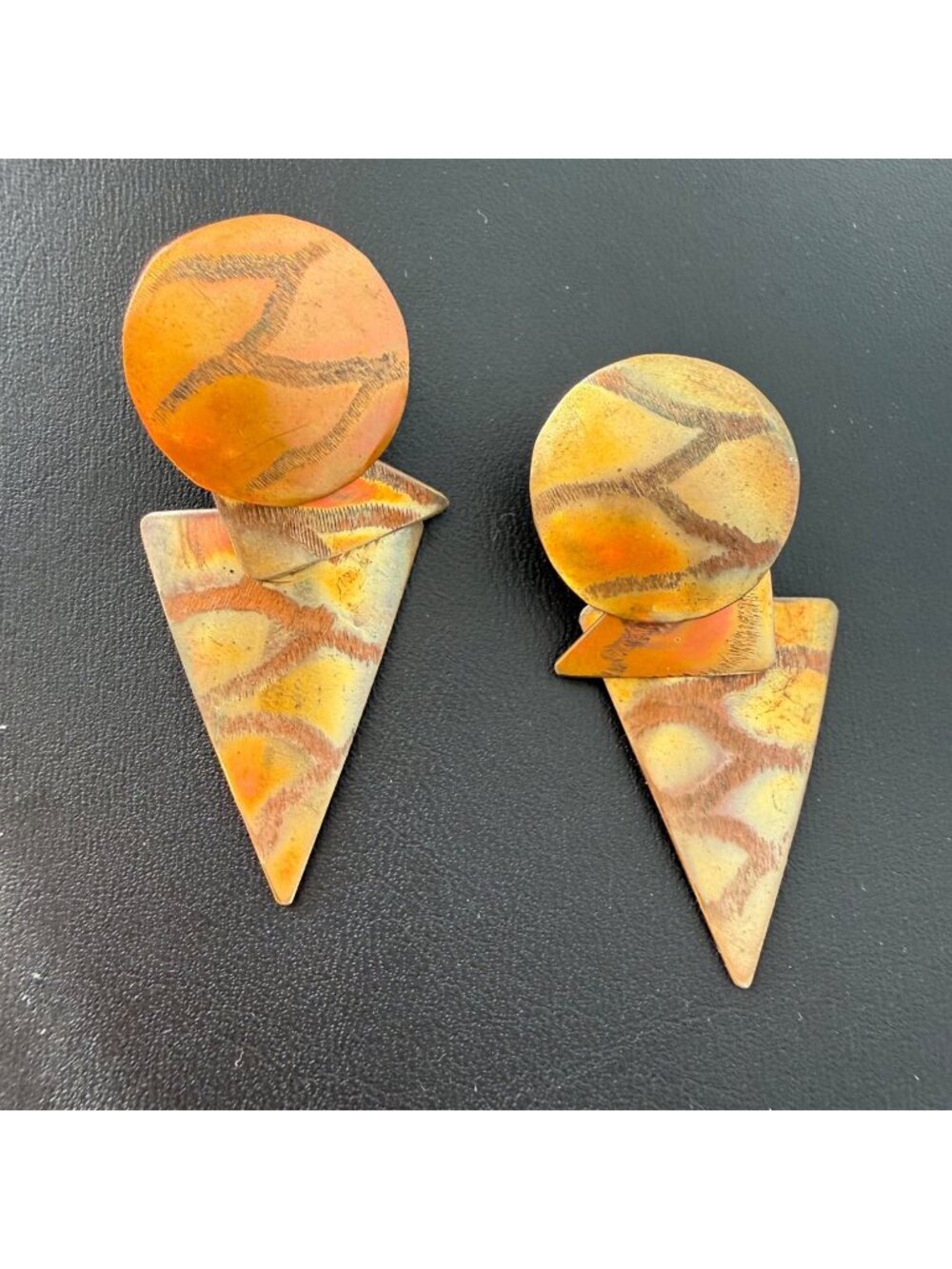 Vintage 80s Dangle Earrings Copper Geometric Circle Triangle Statement 2 inches